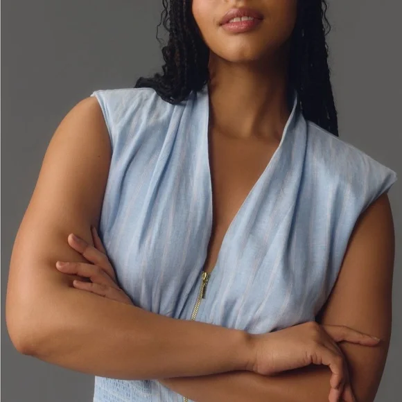 The Tommie Cap-Sleeve Smocked Front Zip Shirt Dress: Linen Addition - Picture 4 of 7